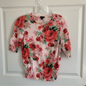 Ann Taylor Pink Floral Button-Front Short Sleeve Cardigan